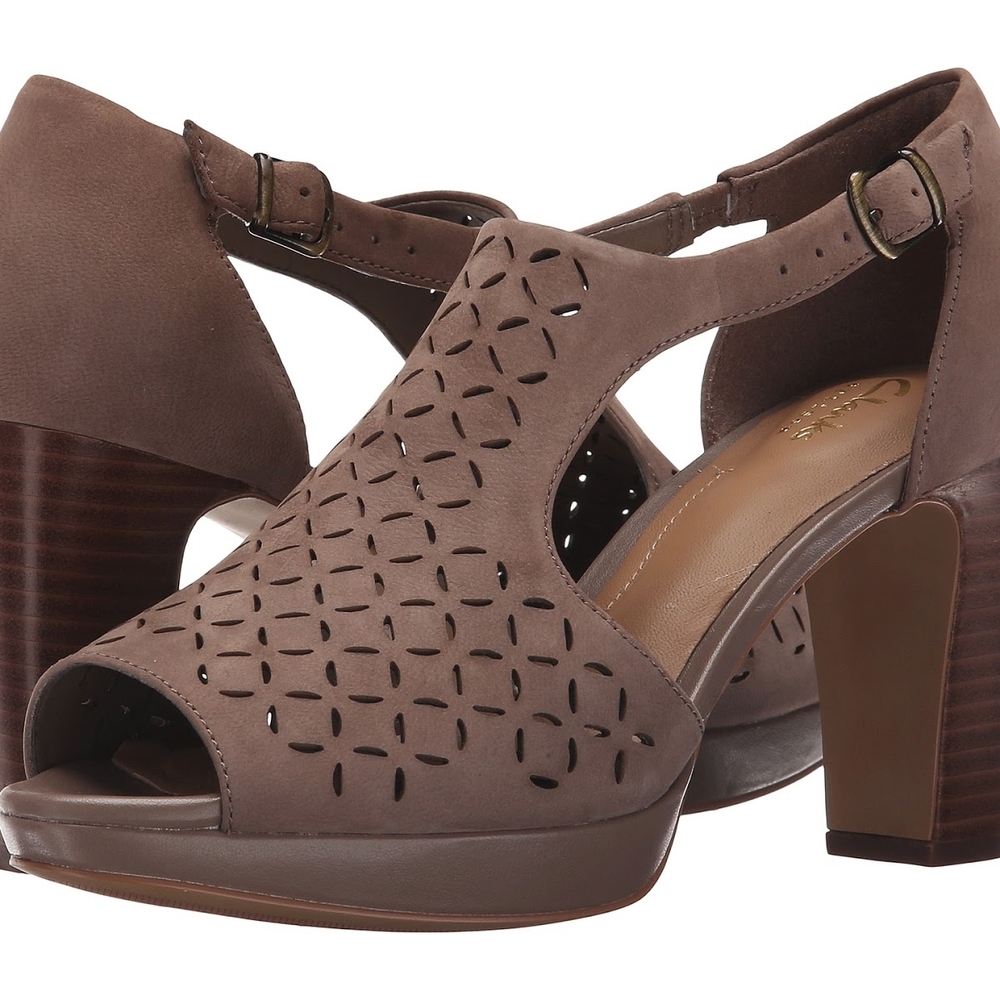 Clarks Taupe Laser-Cut Block Heel Sandals